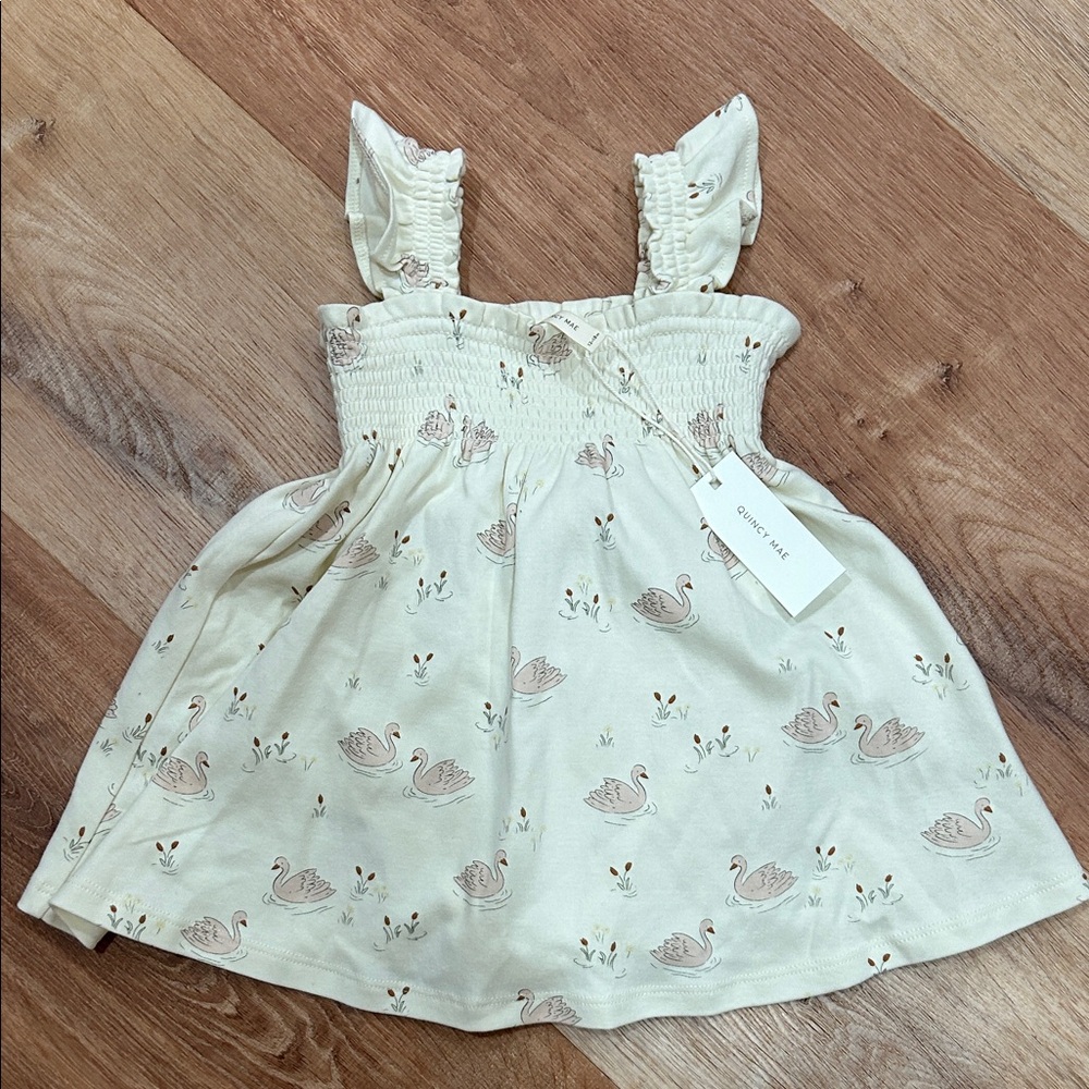 Quincy Mae Cream Swan Print Smocked Sundress for Toddler